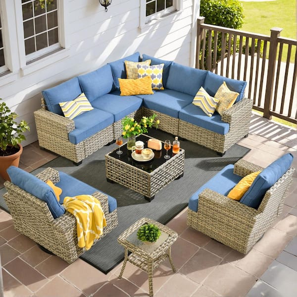 XIZZI Riant 9 Pieces Wicker Patio Conversation Seating Sofa Set with Denim Blue Cushions and Swivel Rocking Chairs