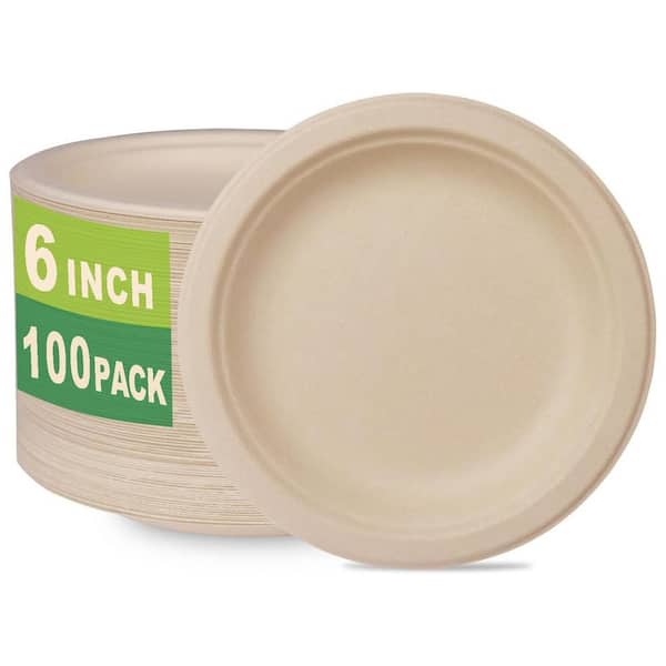 Adrinfly Unbleached Compostable 6-Inch Dessert Plates, 100 Count, Made from Bagasse and Bamboo Fiber