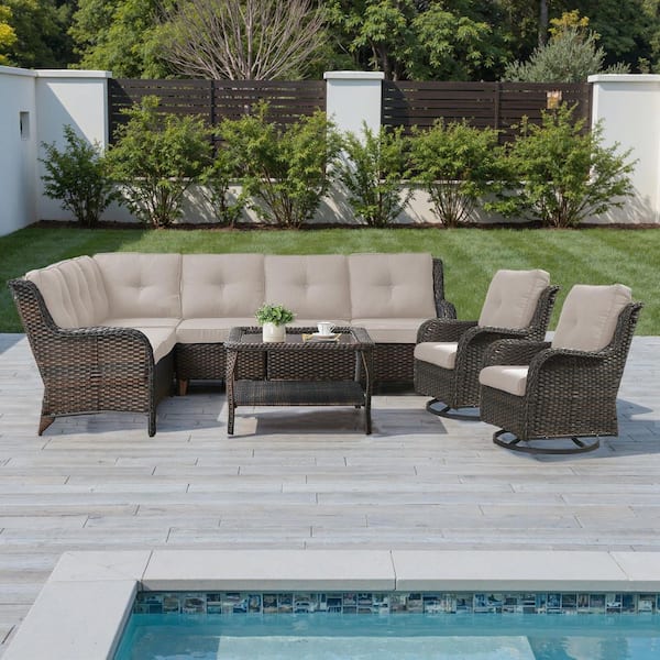 5-Piece Curved Armrest Rattan Wicker Patio Conversation Outdoor Corner Sofa Seating Set with Cushions (Brown/Beige)