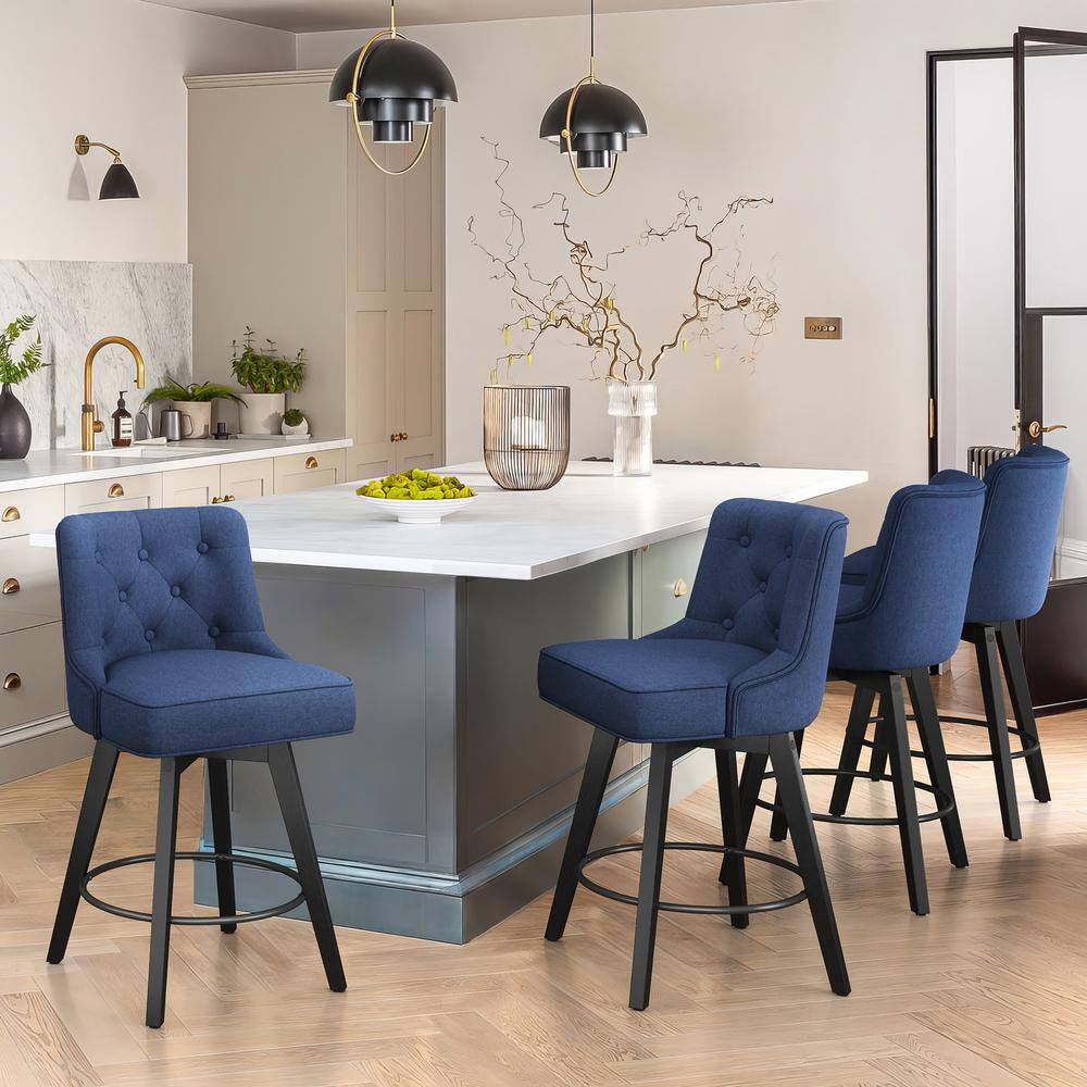Navy Upholstered Swivel Counter Stool with Tufted Back and Metal Legs