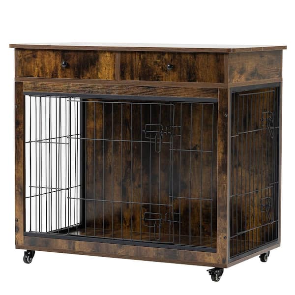 Miscool Anky Furniture Style Dog Crate, Wooden Decorative Dog Kennel with Drawer, Pet Crate End Table for Large Dog in Brown