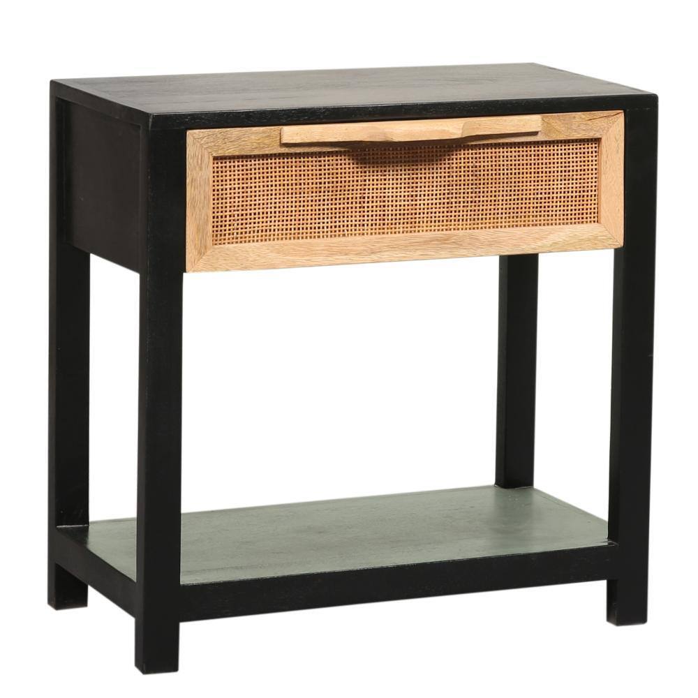 Tia 22 Inch Black Pine Wood Side Table with Rattan Drawer