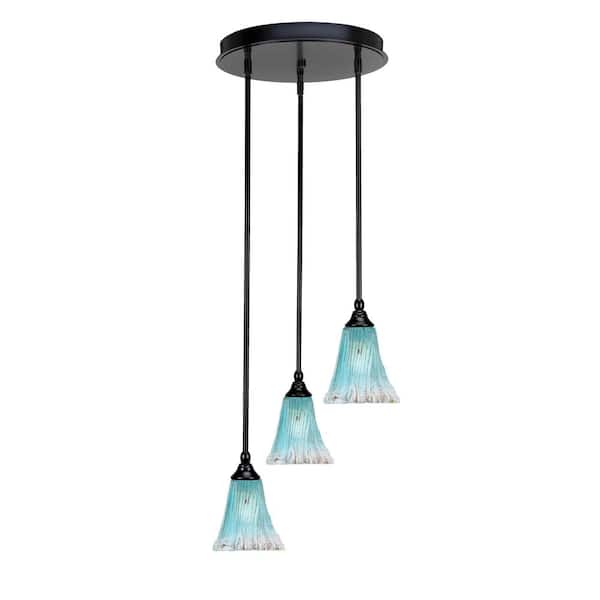 Unbranded Villa 60-Watt in. 3 Light Matte Black Stem Pendant Light with 5.5 in. Teal Crystal Glass Shade, No bulbs included