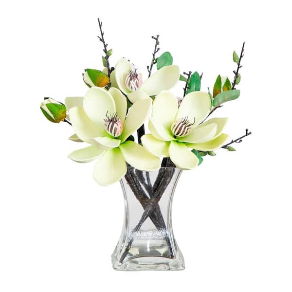 Nearly Natural 15 in. Artificial Magnolia Arrangement with Vase