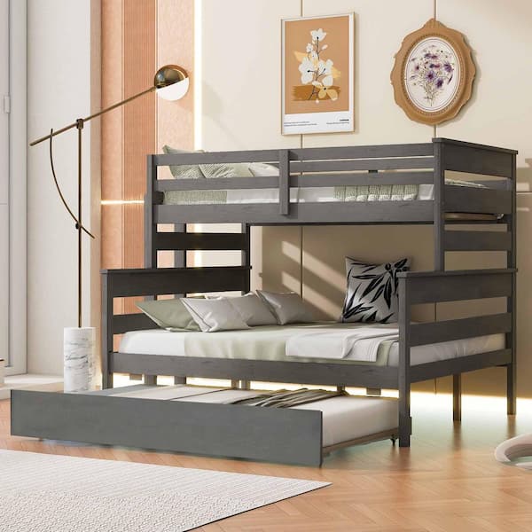 Polibi Gray Wood Twin over Full Bunk Bed with Twin Size Trundle
