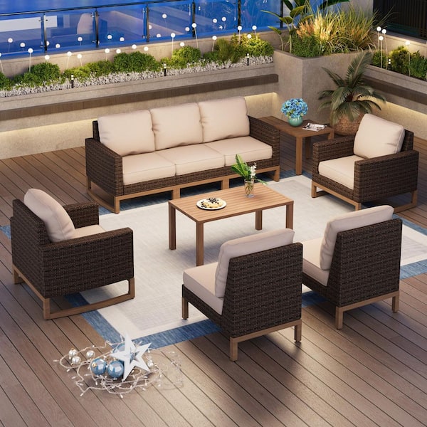 Metal 7 Seat Rattan Wicker 9-Piece Steel Outdoor Patio Conversation Set With Beige Cushions and Wood-Colored Table