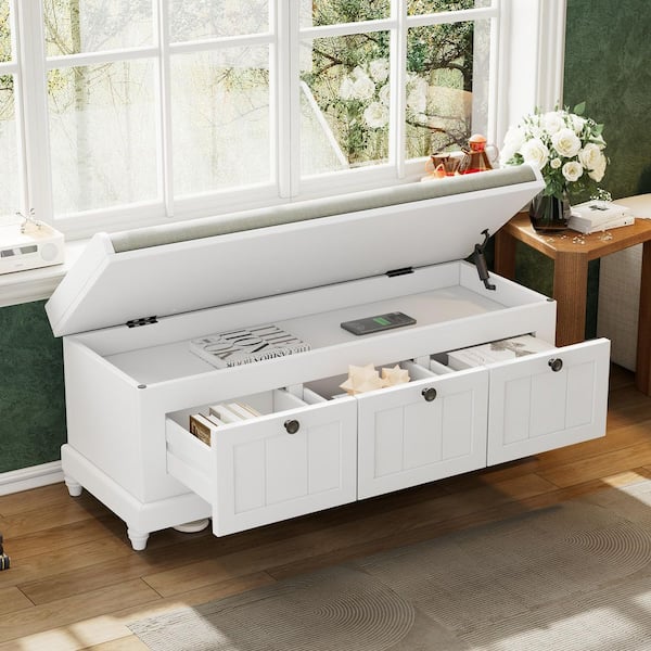 Harper & Bright Designs White Dining Bench with Cushioned Seat, Flip Top Storage and 3 Drawers 44 in.