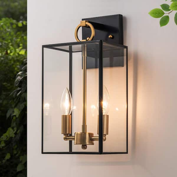 14.5 in. Dark Bronze Finish Brass Outdoor Hardwired Wall Lantern Sconce with Clear Tempered Glass, No Bulbs Included
