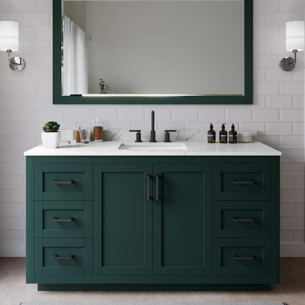 Wyndham Collection Miranda 60 in. W x 22 in. D x 33.75 in. H Single Bath Vanity in Green with Giotto Quartz Top and 58 in. Mirror