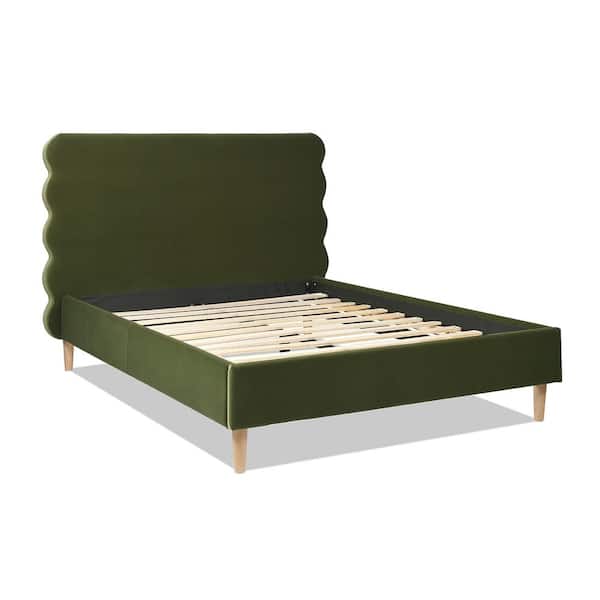 Stockholm Olive Green Performance Velvet Frame Queen Platform Bed with Wavy Headboard
