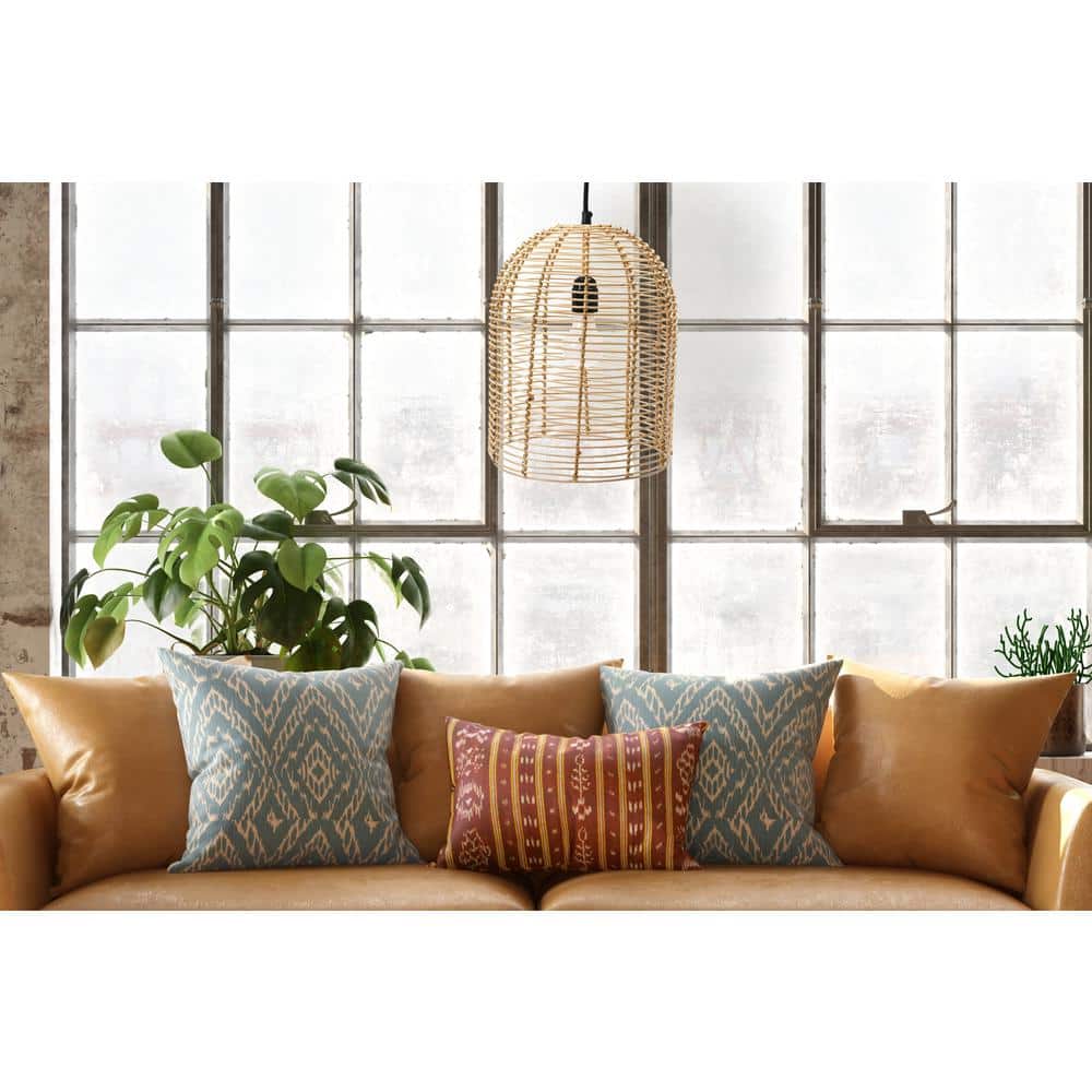 14.5" Brown LED Farmhouse Rattan Bowl Pendant Light