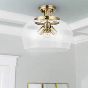 11 in. 3-Light Antique Brass Semi-Flush Mount Ceiling Light with Glass Shade