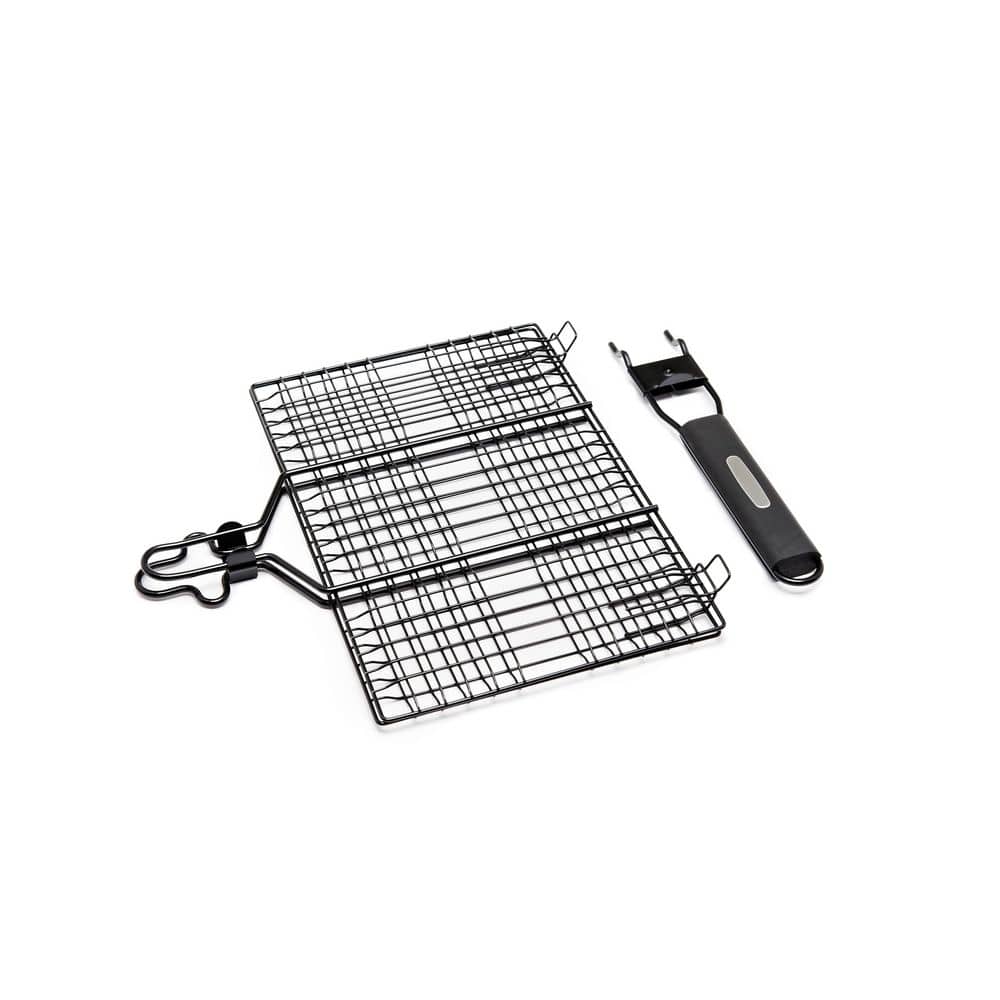 Non-Stick Black Metal Hamburger Broiler Basket with Hardwood Handle