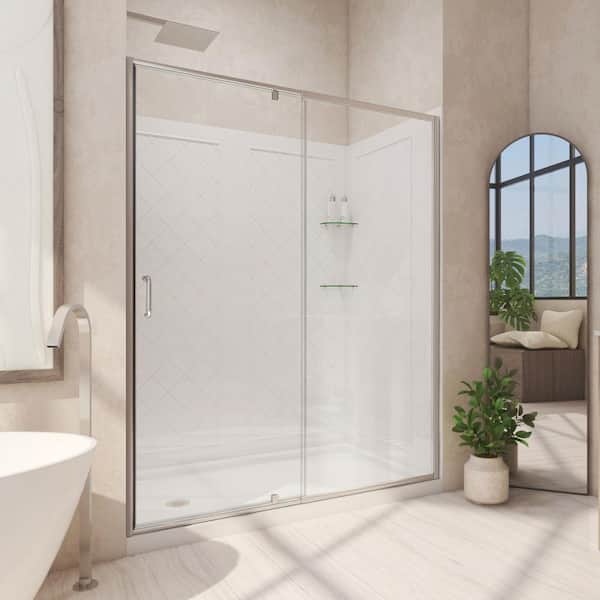 DreamLine Flex 60 in. x 72 in. Semi-Frameless Pivot Shower Door in Brushed Nickel with 60 in. x 36 in. Base and Wall in White