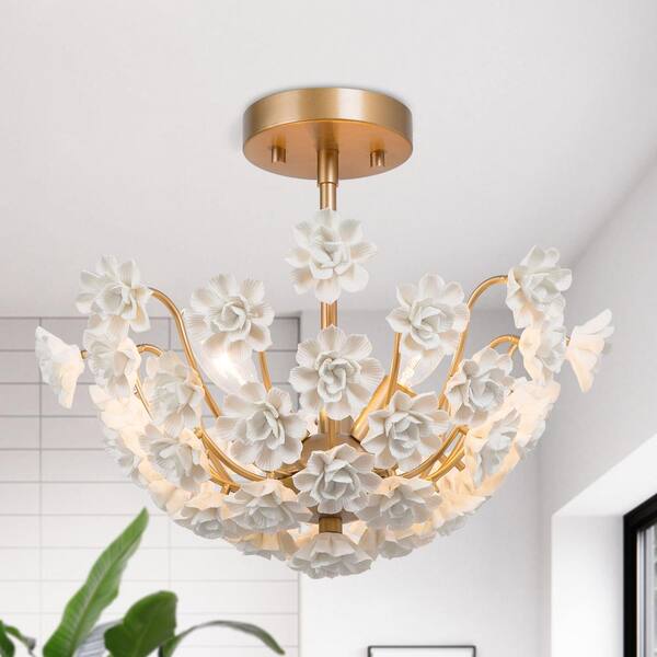 Uolfin Modern Bedroom Center-Bowl Ceiling Light 3-Light Gold Semi-Flush Mount Light with White Handcrafted Porcelain Blooms