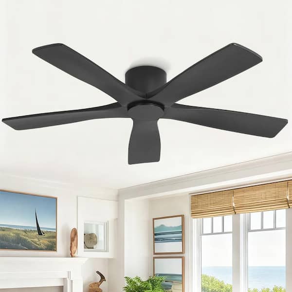 48 in. 5-Soild Wood Black Blades Dc Motor Indoor Flush Mount Black Standard Ceiling Fan with Remote