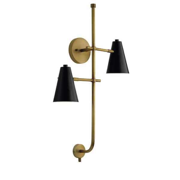 KICHLER Sylvia 2-Light Black and Natural Brass Bedroom Indoor Wall Sconce Light