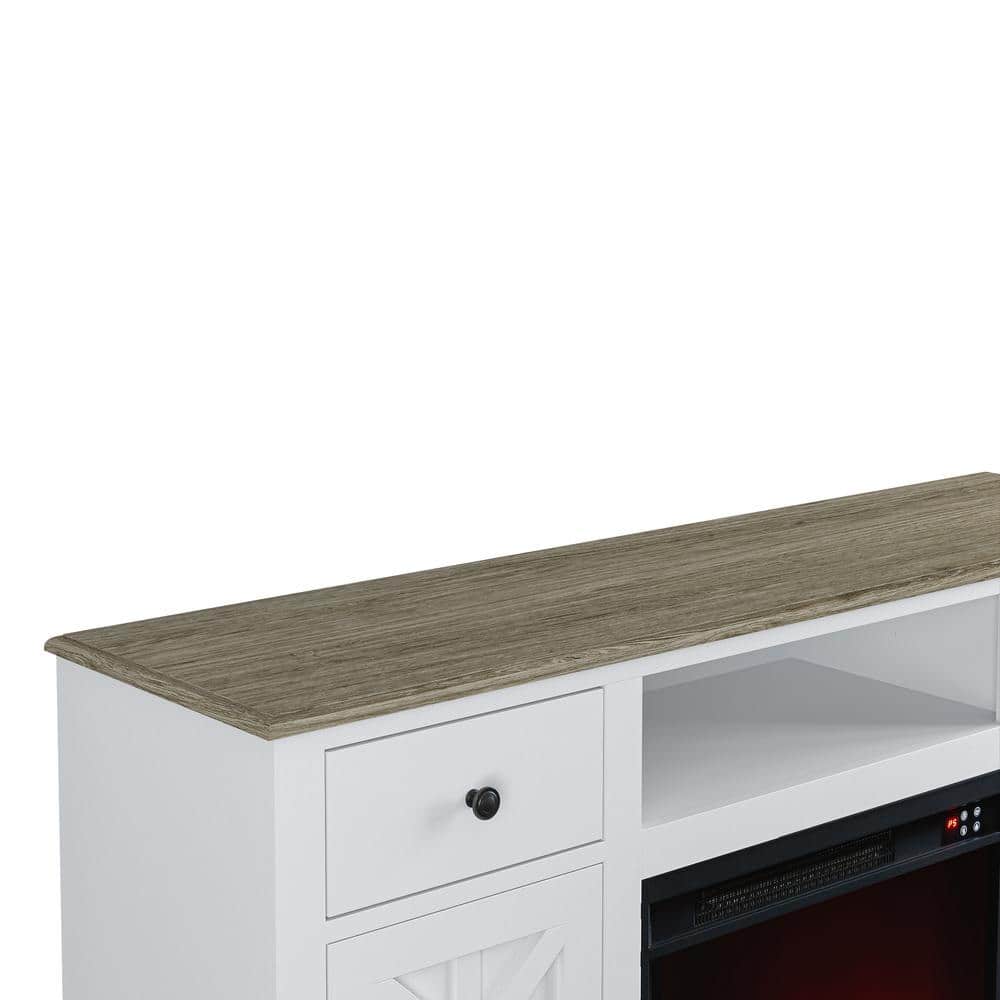 65" Off-White Farmhouse TV Stand with Electric Fireplace