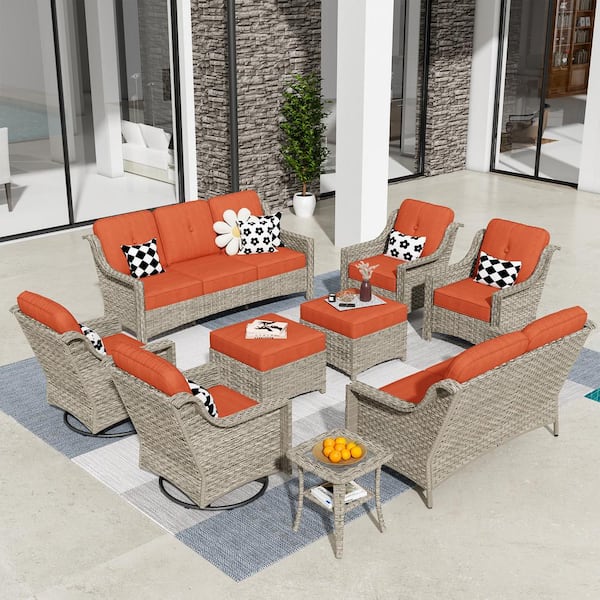 weaxty W Tulip H Gray 9-Piece Wicker Patio Outdoor Conversation Sofa Set with Swivel Rocking Chairs and Red Cushions