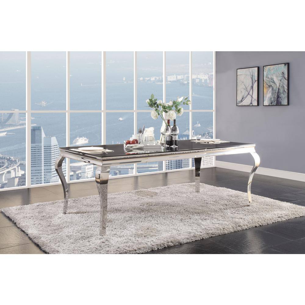Fabiola Rectangular Black Glass Dining Table with Stainless Steel Legs