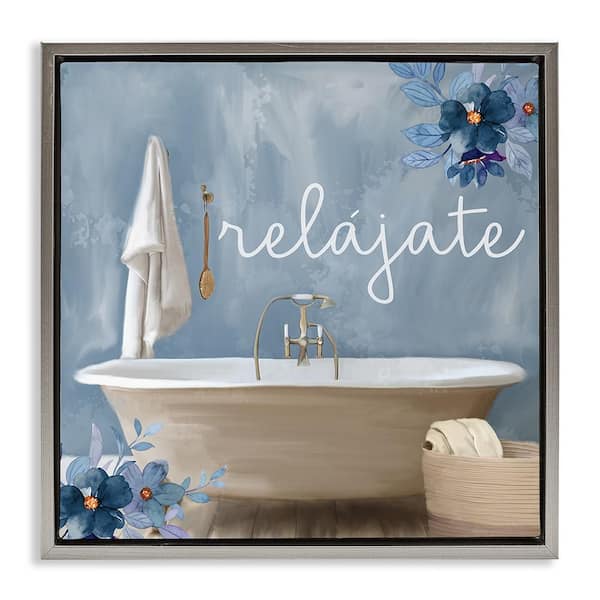 Stupell Industries Relax with Bathtub by Kim Allen Gray Floater Frame Typography Graphic Art Print 25 in. x 25 in.