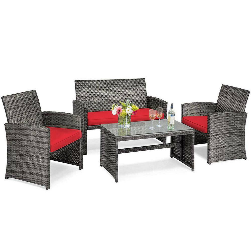 4-Piece Wicker Patio Conversation Set with Red Cushions