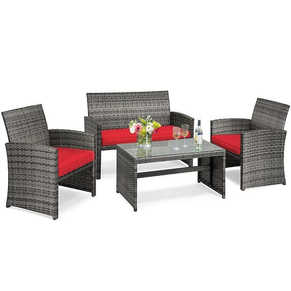 Unbranded 4-Piece Wicker Patio Conversation Set with Red Cushions