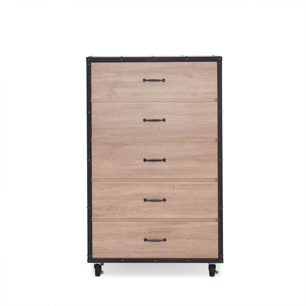 Weathered Light Oak Industrial Chest with Casters and Felt Lined Drawers