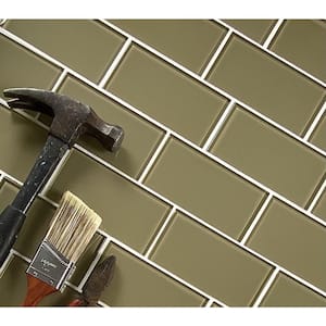 Modern Olive Brown 3 in. x 6 in. Glossy Glass Subway Wall Tile (1 sq. ft./Pack)