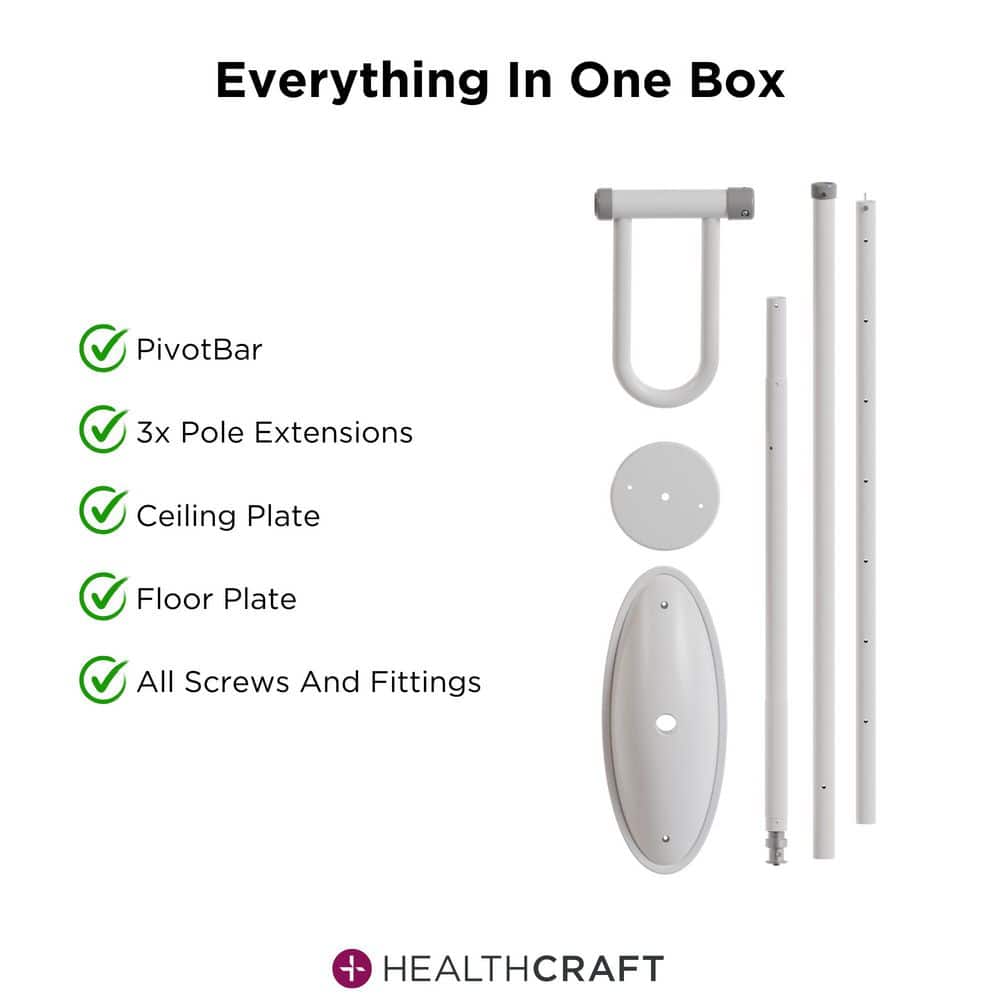 uPole With PivotBar 84-120 in. x 1.5 in. No Drill Floor-To-Ceiling Grab Bar, Transfer Pole (300 Lbs Capacity) in White