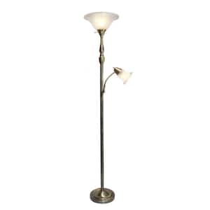 2-Light 71 in. Mother Daughter Antique Brass Floor Lamp with White Marble Glass