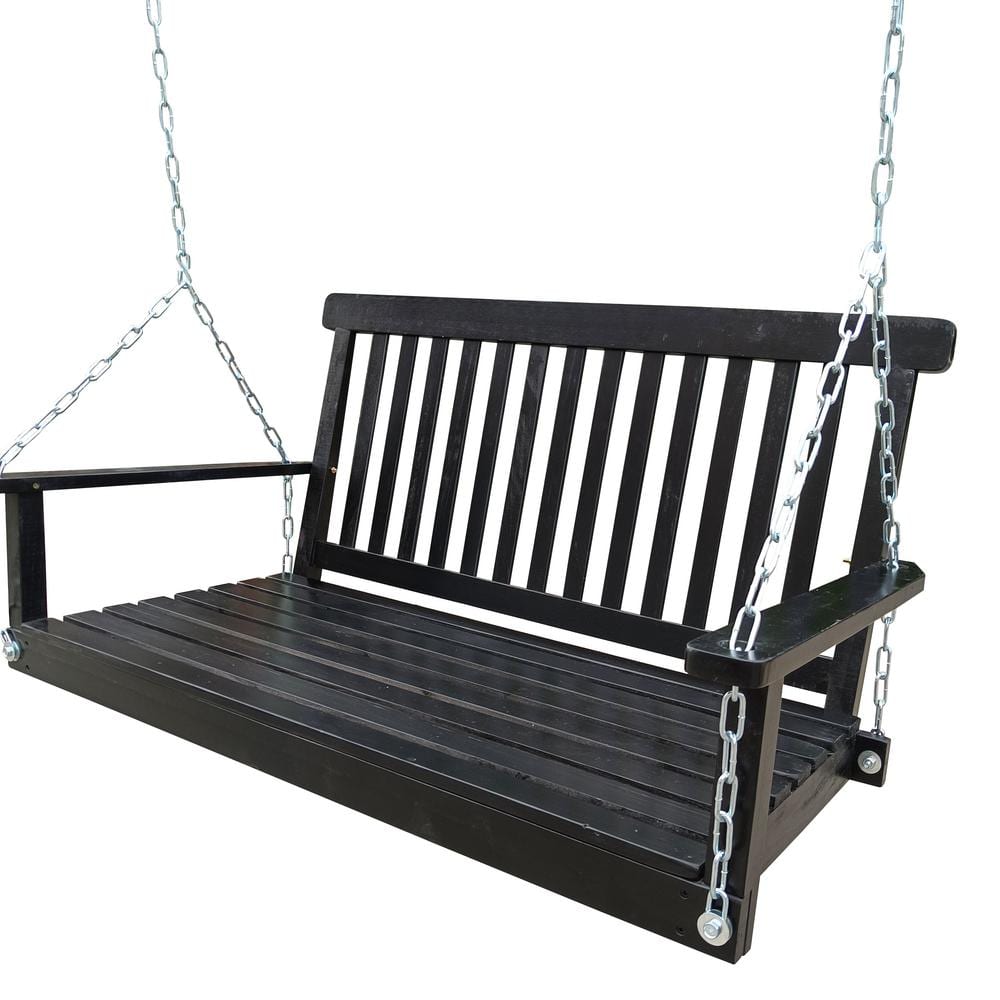 UPLAND 2-Person Black Front Porch Swing with Armrests, Wood Bench Swing ...