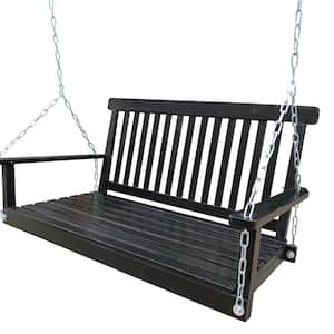 2-Person Black Front Porch Swing with Armrests, Wood Bench Swing with Hanging Chains