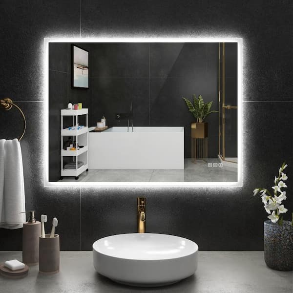 KINWELL Bathroom Mirror 31.5-in W x 23.6-in H LED Lighted White Rectangular Fog Free Frameless Bluetooth Bathroom Vanity Mirror