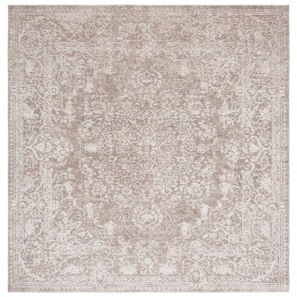 Reflection 8 ft. x 8 ft. Square Beige/Cream Floral Border Area Rug