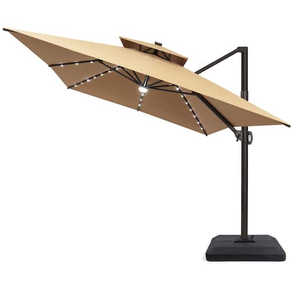 10 ft. x 13 ft. Solar LED 2-Tier Outdoor Cantilever 360° Rotation Tilt Patio Umbrella with Weights Base in Tan