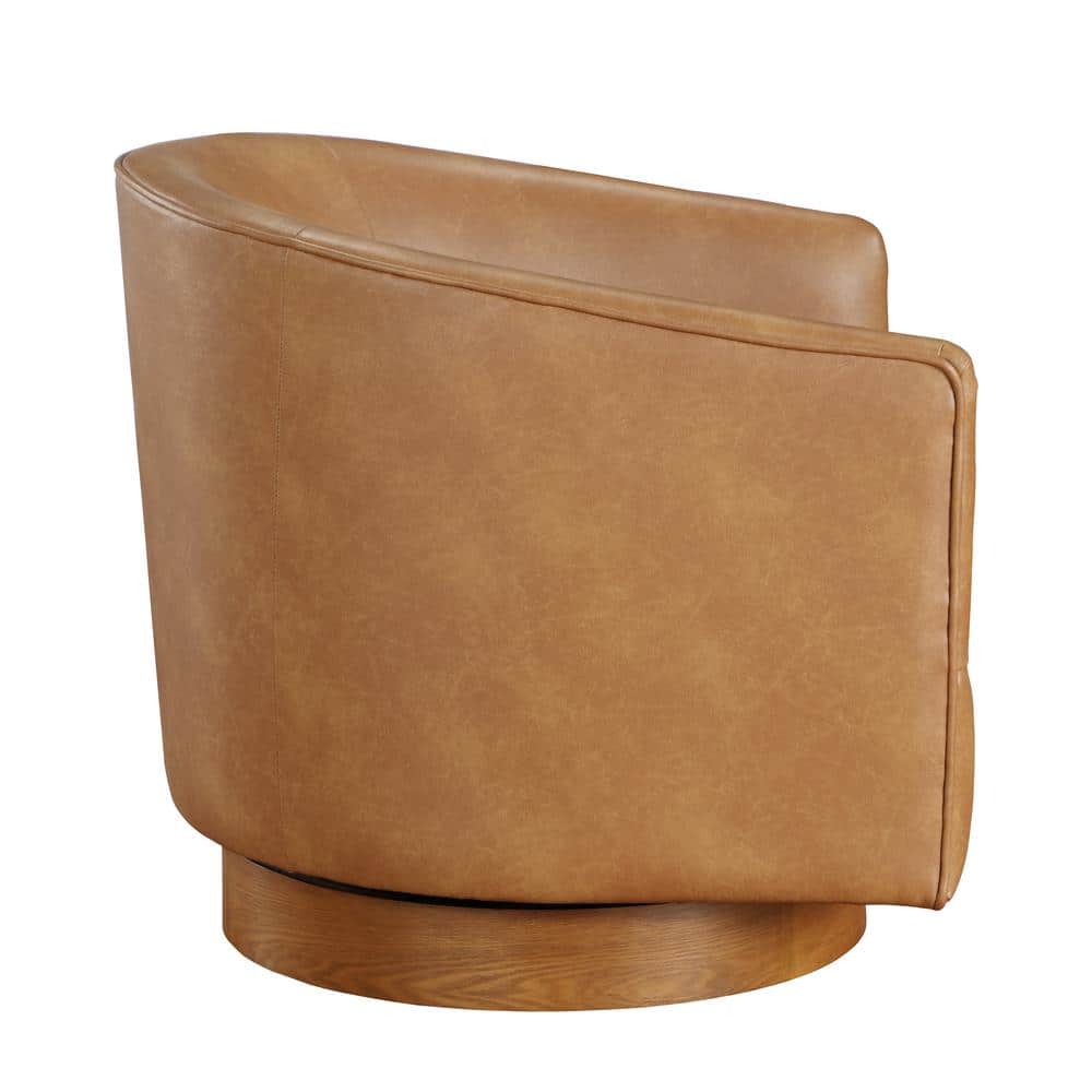 Saddle Brown Faux Leather Wood Swivel Barrel Chair
