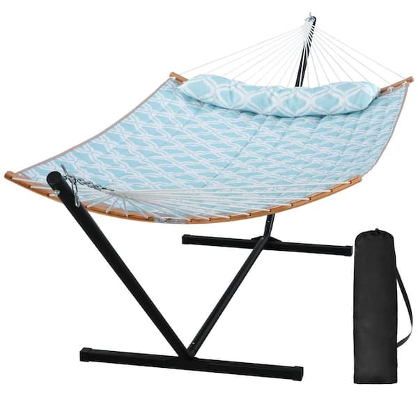 Atesun 12 ft. Outdoor Portable Hammock with Curved Spreader Bar, Extra Large Pillow, Green Drops