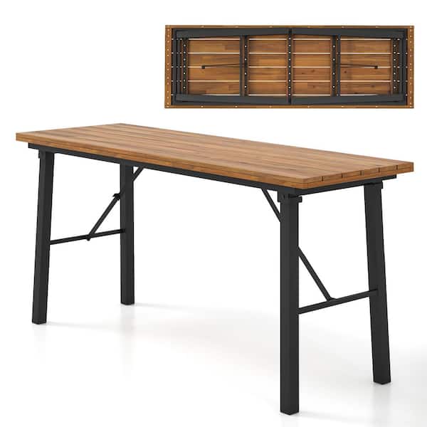 ANGELES HOME Folding Metal Outdoor Dining Table with Acacia Wood Tabletop