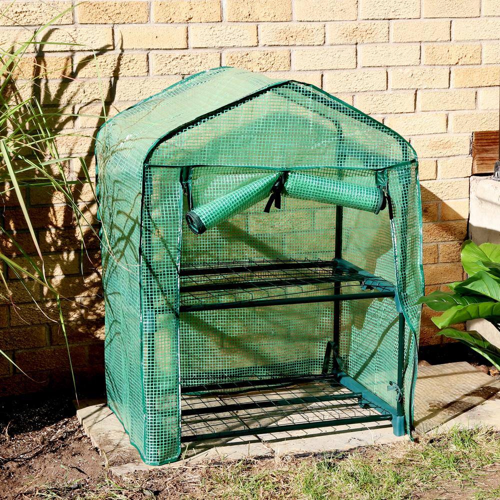 26.5" Green Polyethylene 2-Tier Mini Greenhouse with Shelves