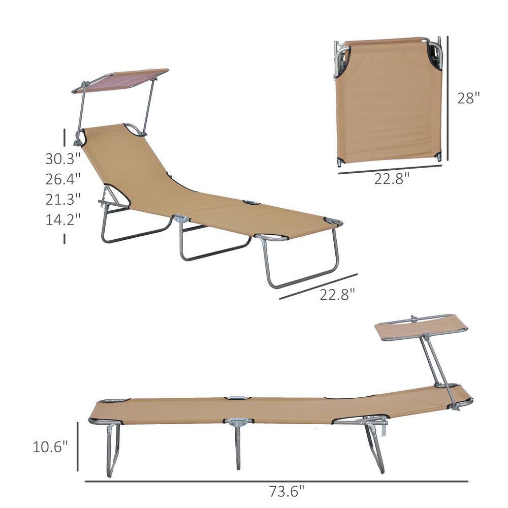Tan Adjustable Folding Steel Outdoor Chaise Lounge with Sun Shade