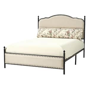 Sergio Blush Transitional Upholstered Platform Metal Bed Frame Four Poster Bed with High Headboard and Pillow