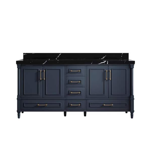 Willow Collections Hudson 72 in. W x 22 in. D x 36 in. H Double Sink Bath Vanity in Navy Blue with 2" Calacatta Black Top