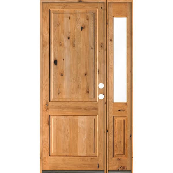 Krosswood Doors 56 in. x 96 in. Rustic knotty alder Left-Hand/Inswing Clear Glass Clear Stain Square Top Wood Prehung Front Door w/RHSL