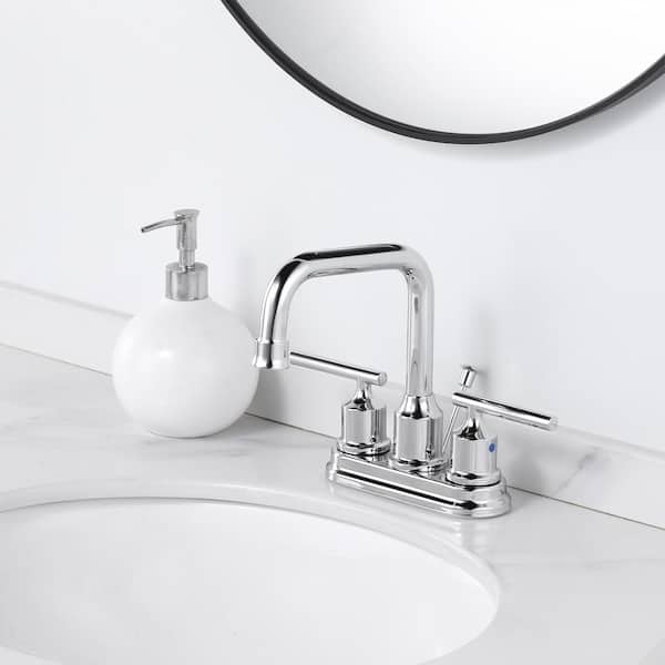 4 in. Centerset Double Handle High Arc Bathroom Faucet with Drain Kit and Supply Lines Included in Polished Chrome