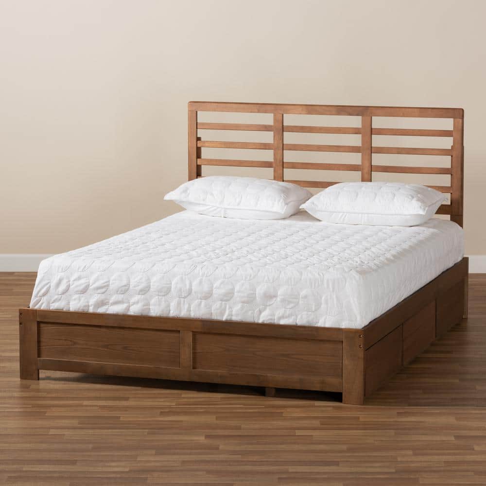 Ash Walnut King Size Wood Frame Upholstered Storage Bed with 3 Drawers