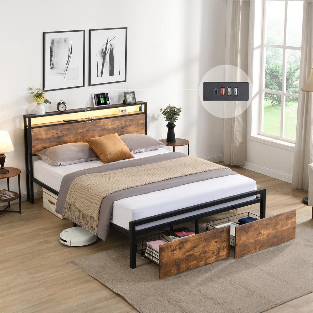 Black and Brown Metal Frame Full Size Platform Bed with Storage Headboard, Charging Station, LED Lights and 2 Drawers price history on PriceWatchPro