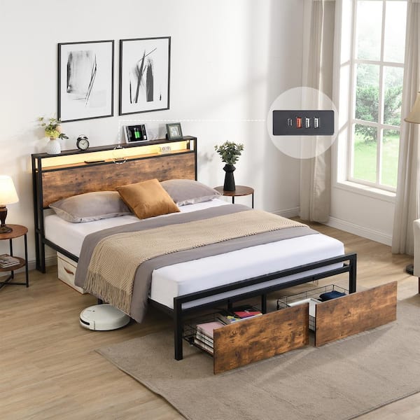 Black and Brown Metal Frame Full Size Platform Bed with Storage Headboard, Charging Station, LED Lights and 2 Drawers