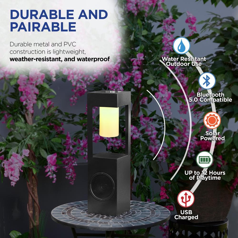 24'' Black Metal Solar LED Outdoor Lantern with Bluetooth Speaker