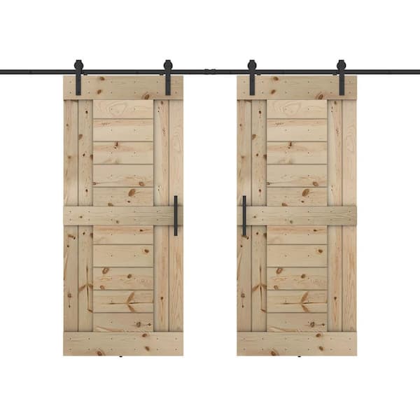 Dessliy Short Bar 60 in. x 84 in. Fully Set Up Unfinished Pine Wood Sliding Barn Door with Hardware Kit